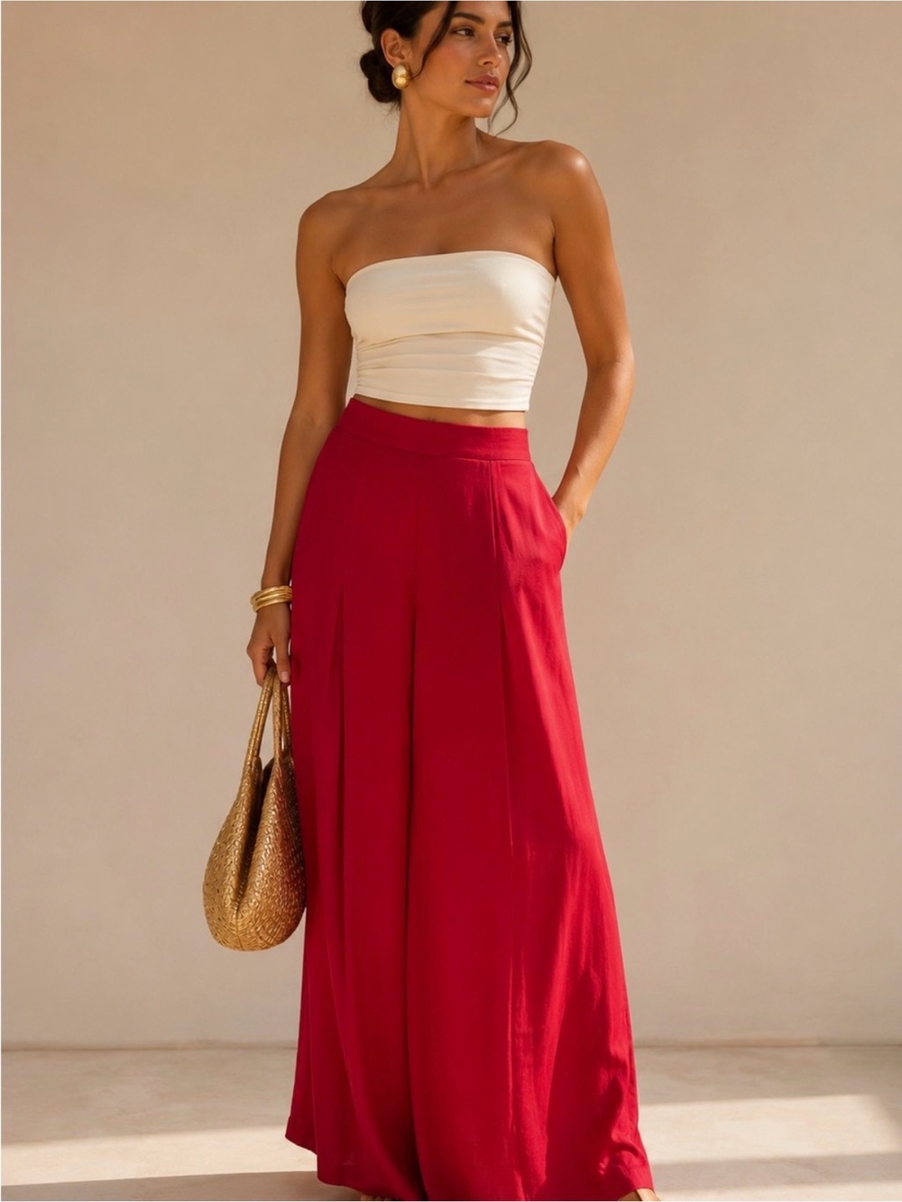Andrea Iyamah Ara Satin Wide Leg Flowy Palazzo Trousers Pants Ruby Red 0 2 XS